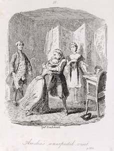 Visita inesperada de Amelia, de "Amelia", gravada pelo artista, ilustração de "The Works of Henry Fielding", pub. por Henry G. Bohn, 1853 de George Cruikshank